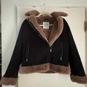 Abercrombie & Fitch Black and Tan Faux Fur Jacket Coat, 13-14, EUC